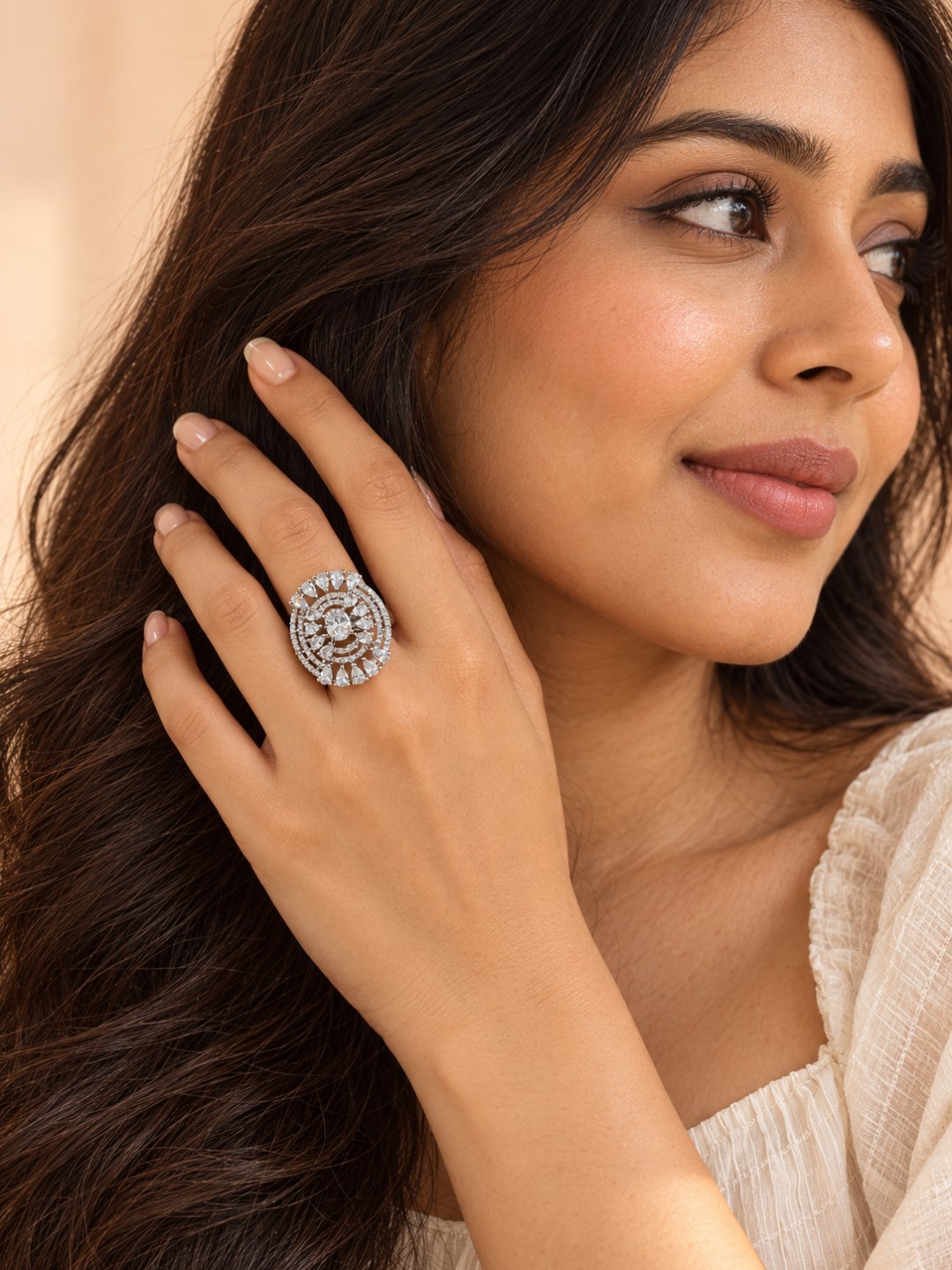 Clear Oval Center Halo Ring - Silver Plated worn on hand - close-up