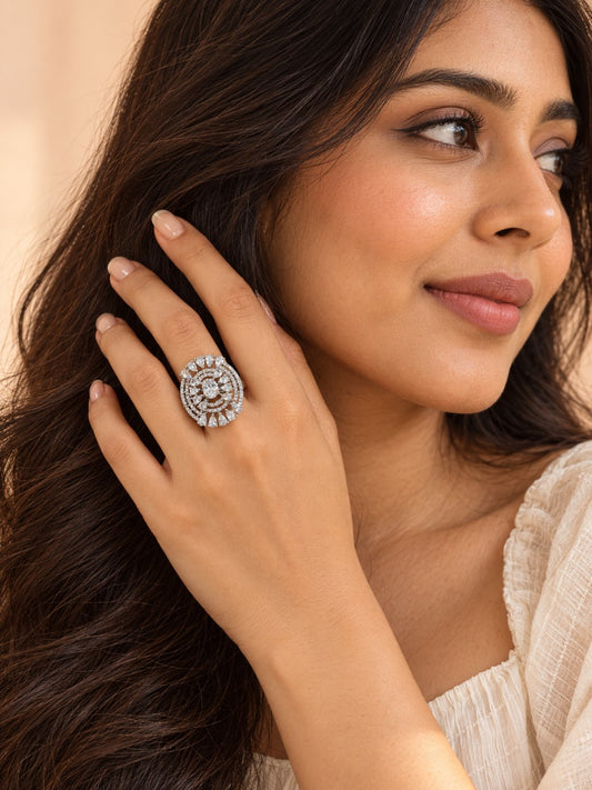 Clear Oval Center Halo Ring - Silver Plated worn on hand - close-up