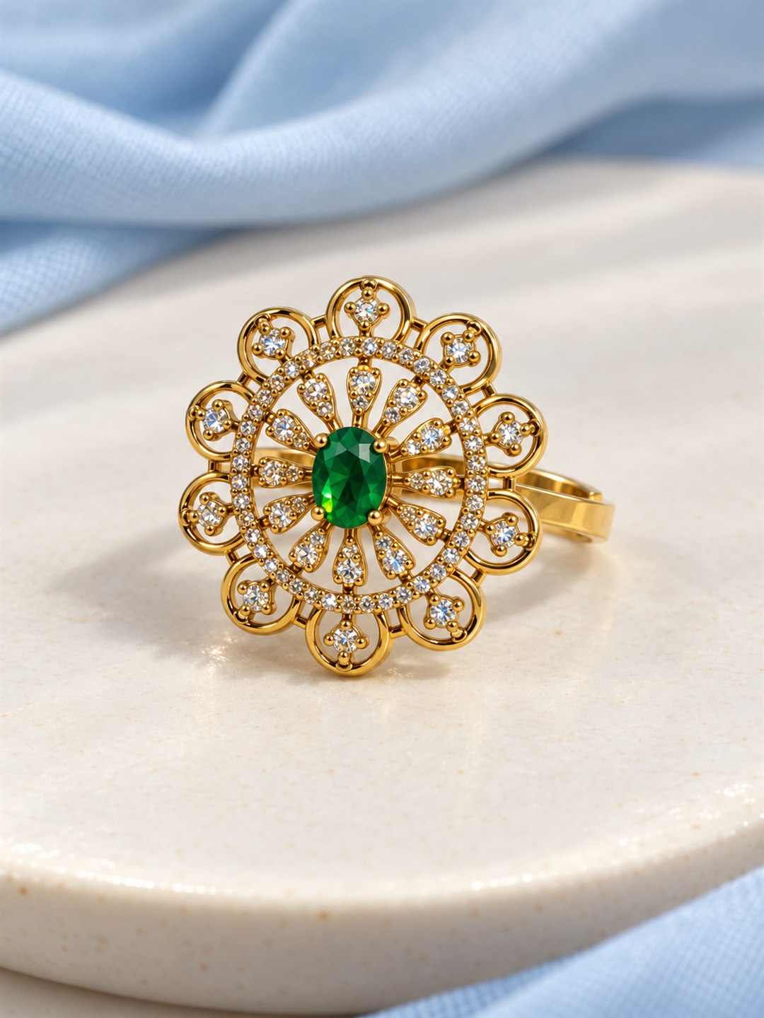 Green Stone Scalloped Sunburst Ring - Gold Plated, additional view 3