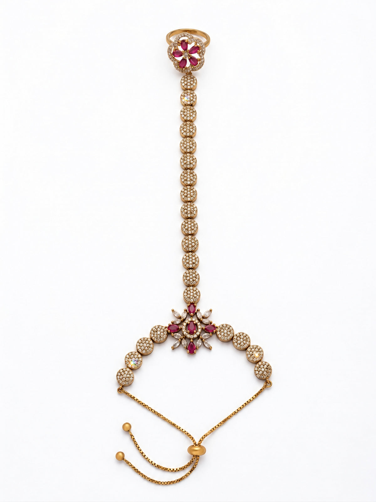 Red Floral Round-Stone Chain Hathphool - Mehndi Plated