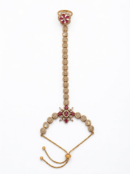 Red Floral Round-Stone Chain Hathphool - Mehndi Plated
