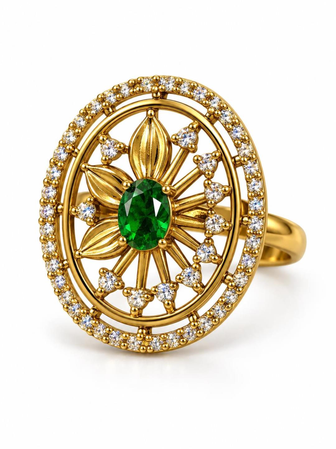 Green Stone Oval Sunburst Ring - Gold Plated, additional view 1