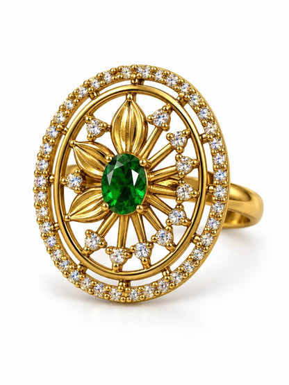 Green Stone Oval Sunburst Ring - Gold Plated, additional view 1