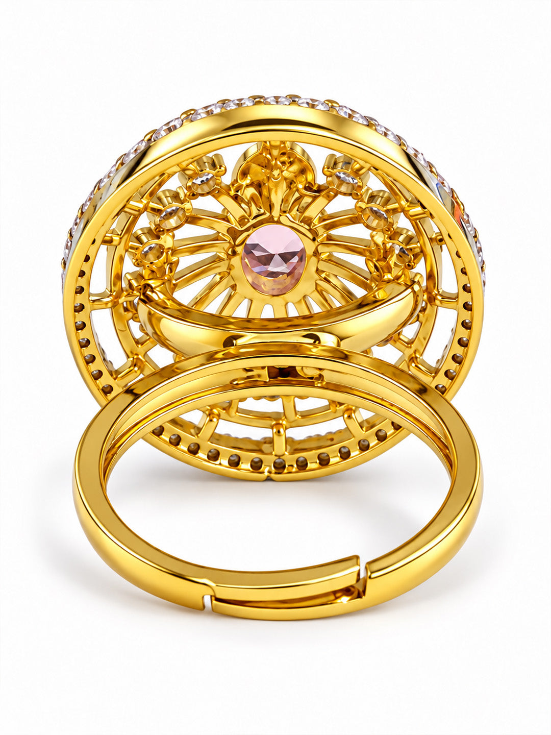 Pink Center Stone Oval Sunburst Ring - Gold Plated