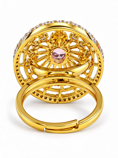 Pink Center Stone Oval Sunburst Ring - Gold Plated