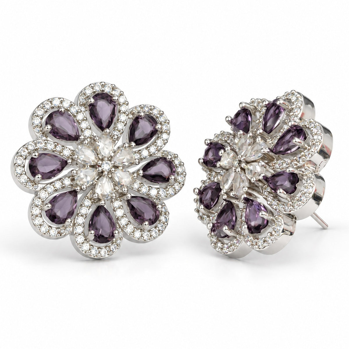 Purple Teardrop Floral Stud Earrings in silver plating