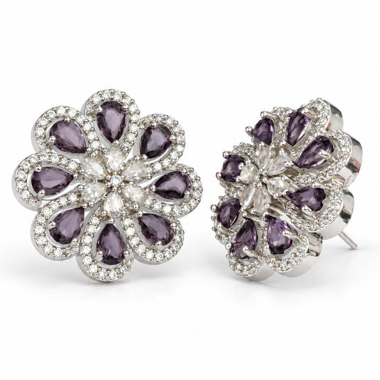 Purple Teardrop Floral Stud Earrings in silver plating