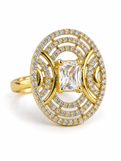 White Center Stone Oval Geometric Halo Ring - Gold Plated
