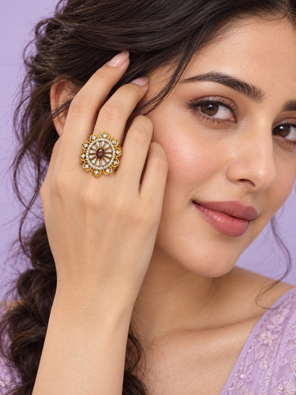 Purple Center Stone Scalloped Floral Halo Ring - Gold Plated - model close-up