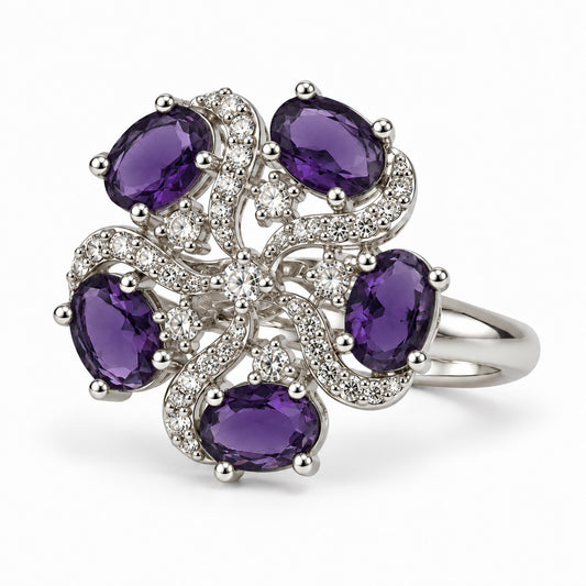 Purple Oval Stone Floral Ring - Silver Plated - product view