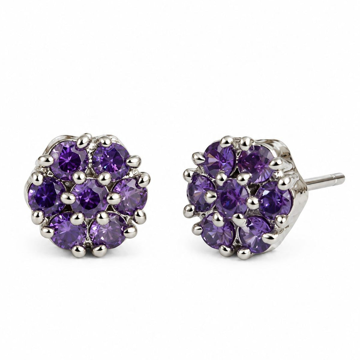 Purple Stone Floral Cluster Stud Earrings, silver plated