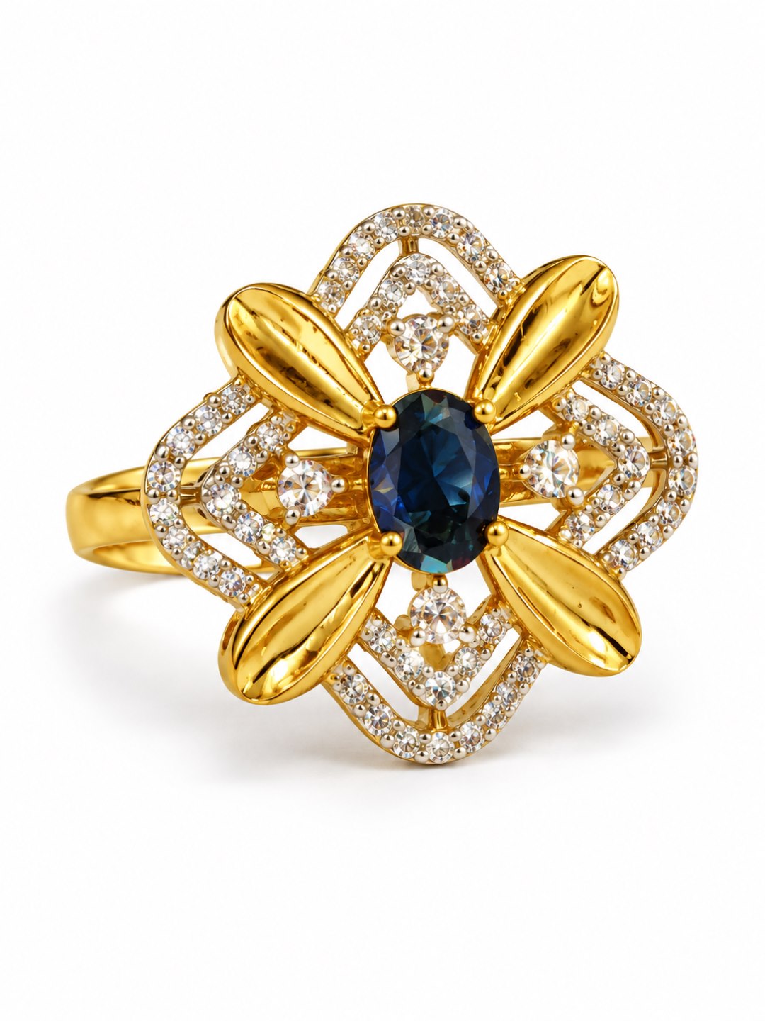 Blue Center Stone Four-Petal Floral Ring - Gold Plated