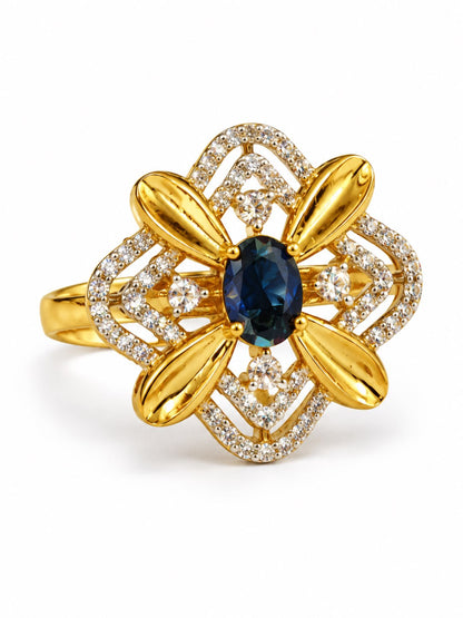 Blue Center Stone Four-Petal Floral Ring - Gold Plated