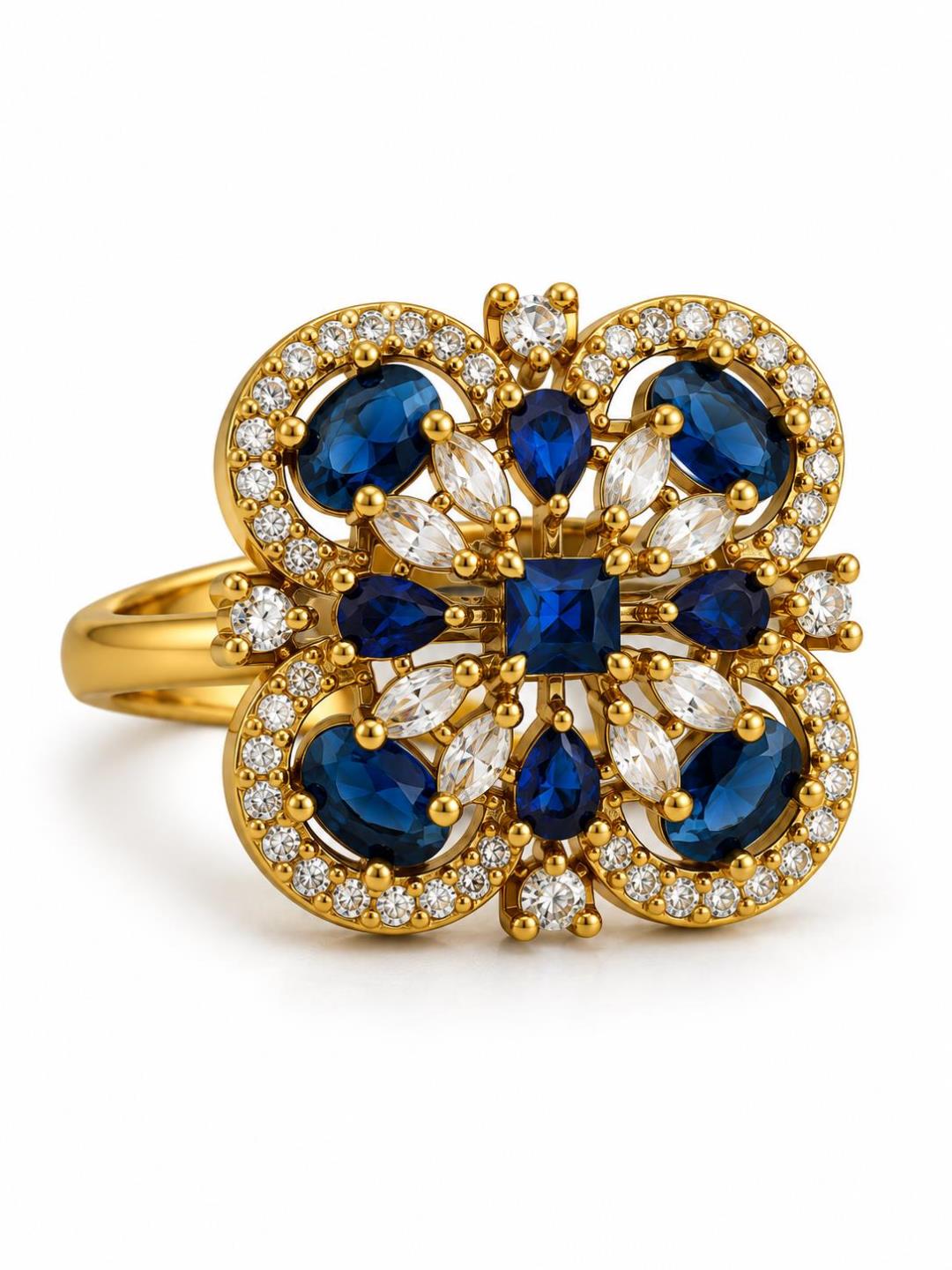 Blue Stone Four Leaf Clover Cluster Ring - Gold Plated, additional view 1