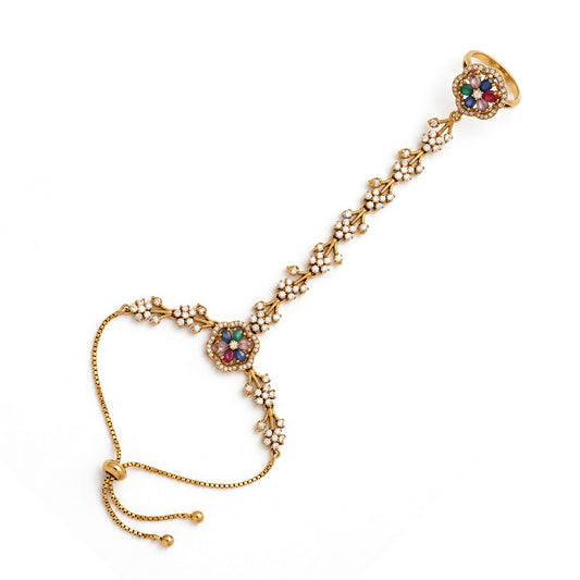 Multicolor Floral Marquise-Stone Chain Hathphool - Mehndi Plated