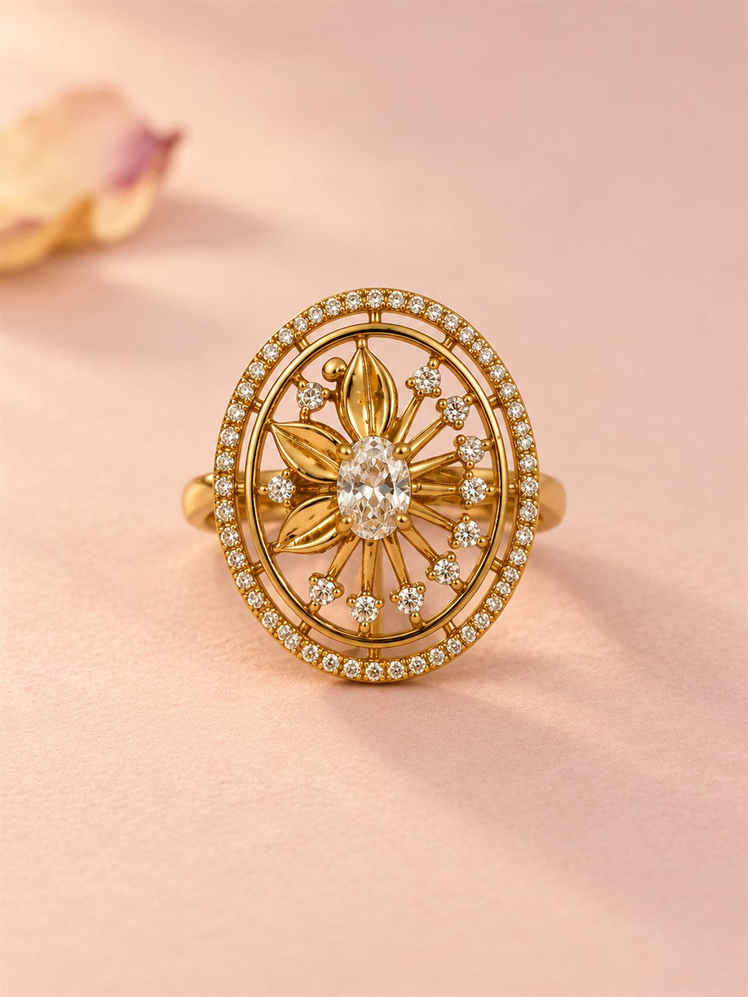 Clear Stone Oval Sunburst Ring - Gold Plated, additional view 3