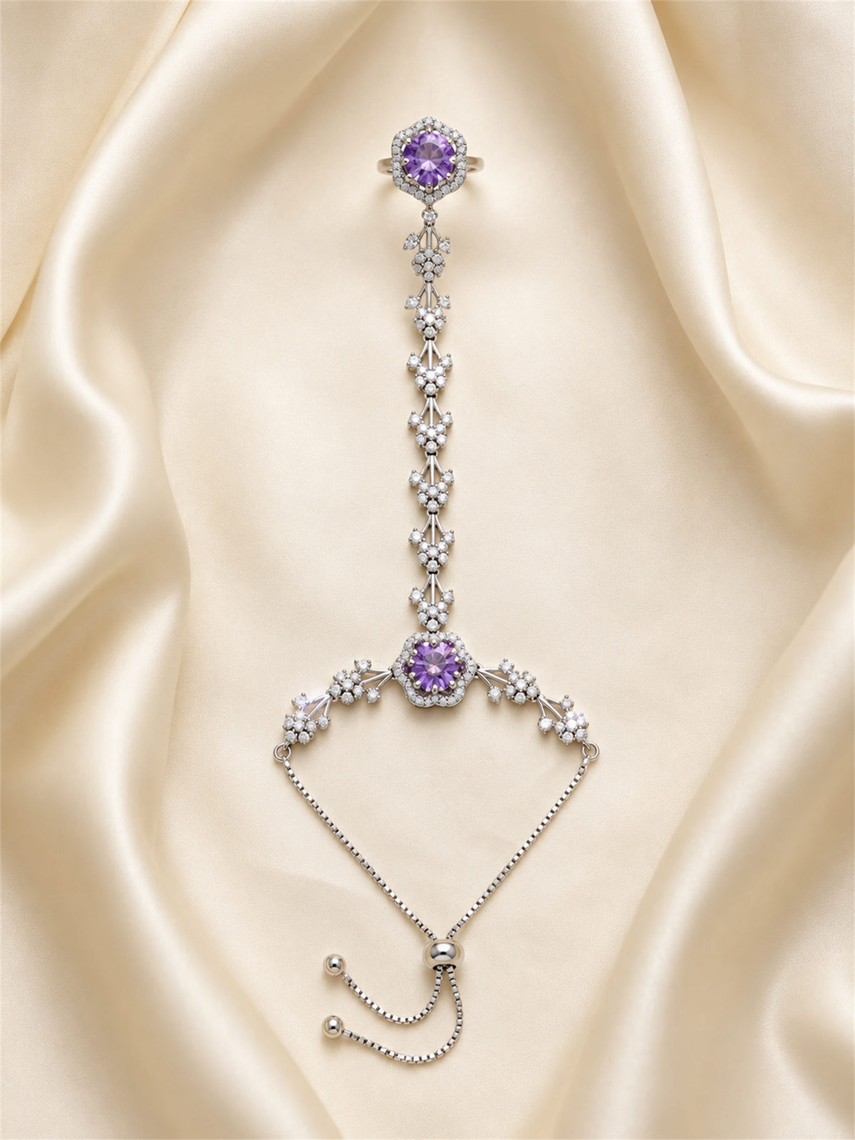 Purple silver-plated floral marquise-stone chain hathphool