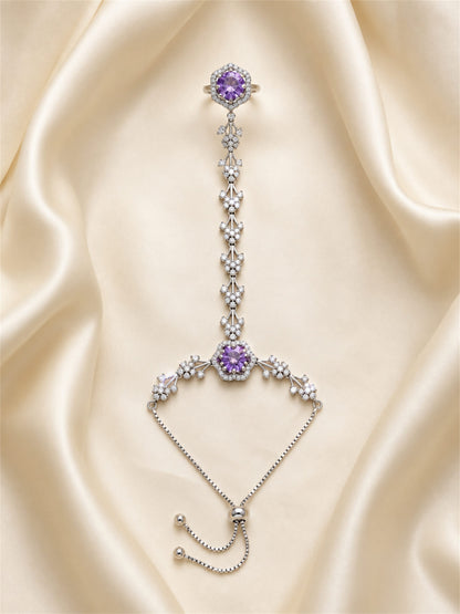 Purple silver-plated floral marquise-stone chain hathphool
