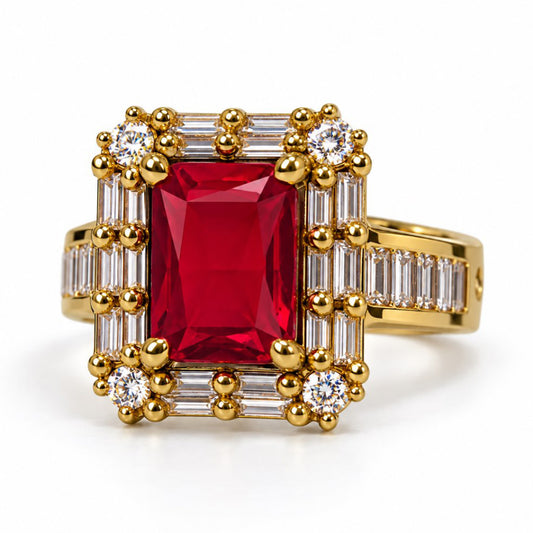 Red Center Stone Baguette Halo Ring - Gold Plated product image