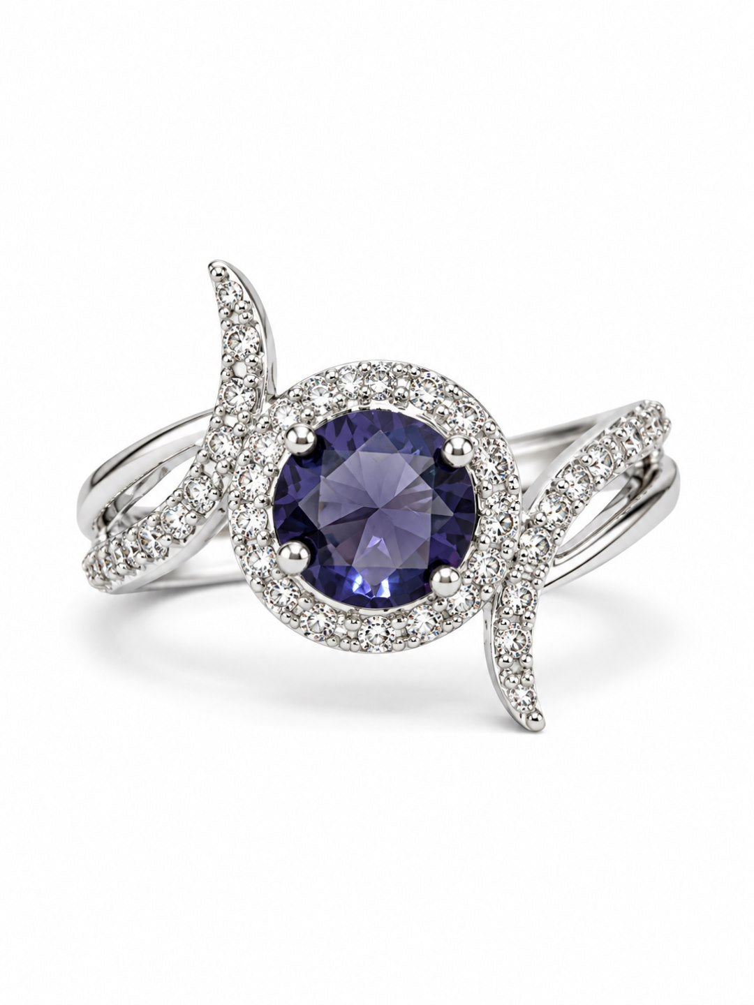 Purple Round Halo Swirl Ring - Silver Plated