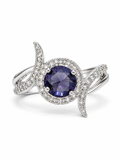 Purple Round Halo Swirl Ring - Silver Plated