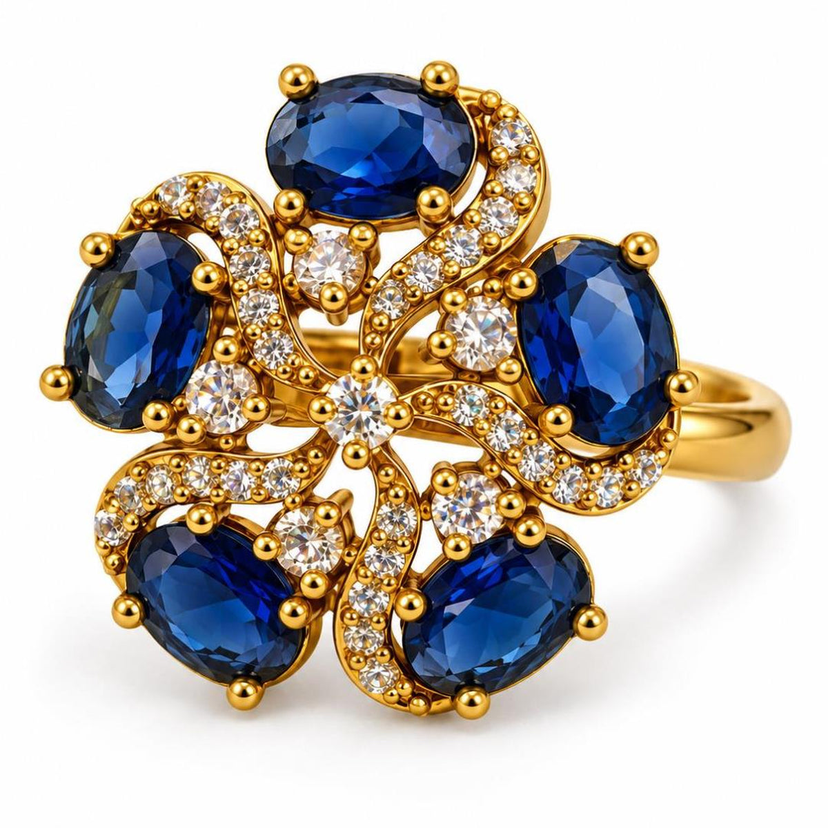 Blue Stone Five Petal Swirl Ring - Gold Plated, product view
