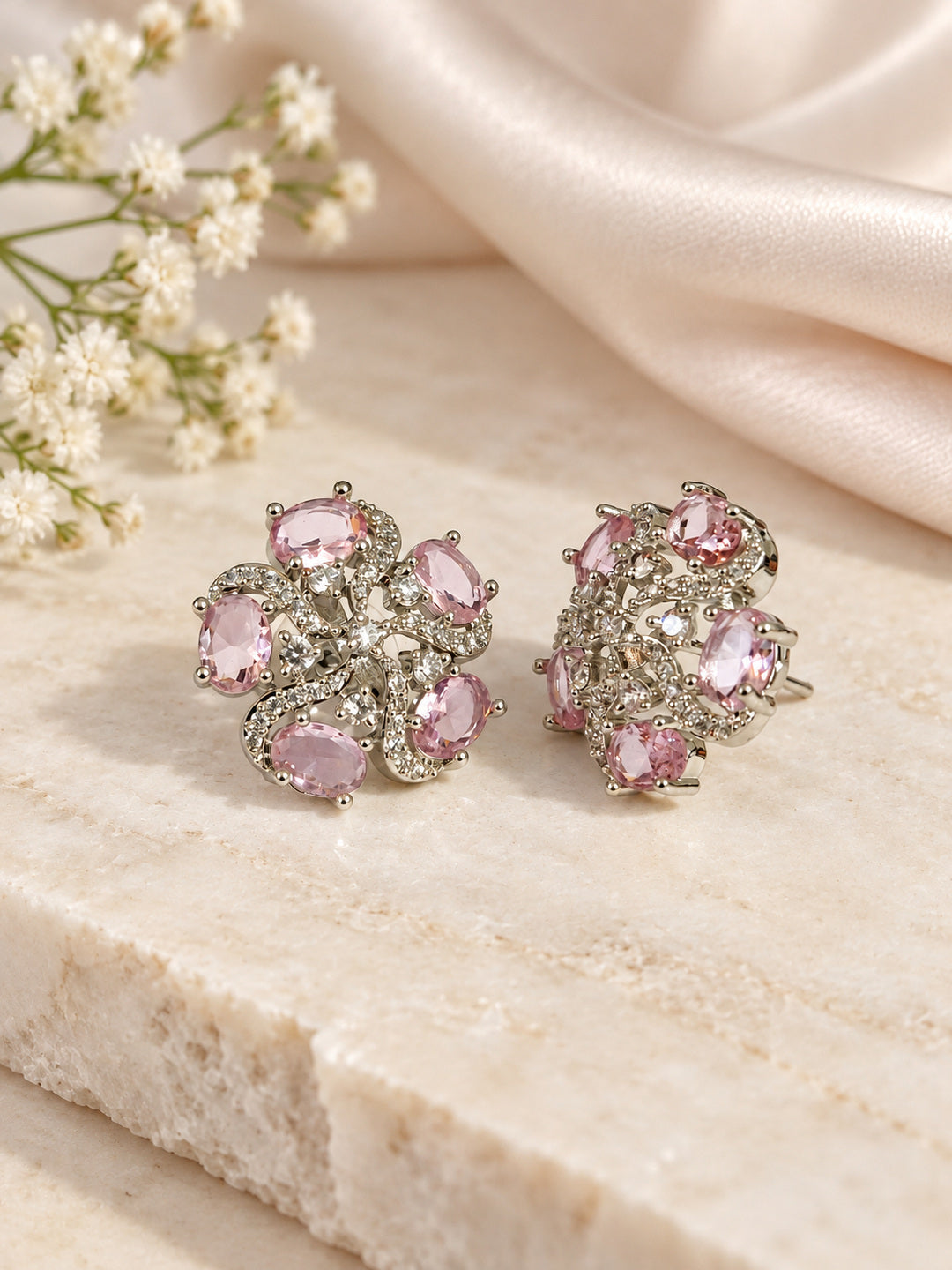 Pink Oval Stone Floral Stud Earrings in silver plating