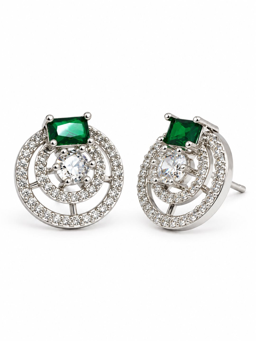 Green Stone Double Halo Stud Earrings, silver plated, alternate product view