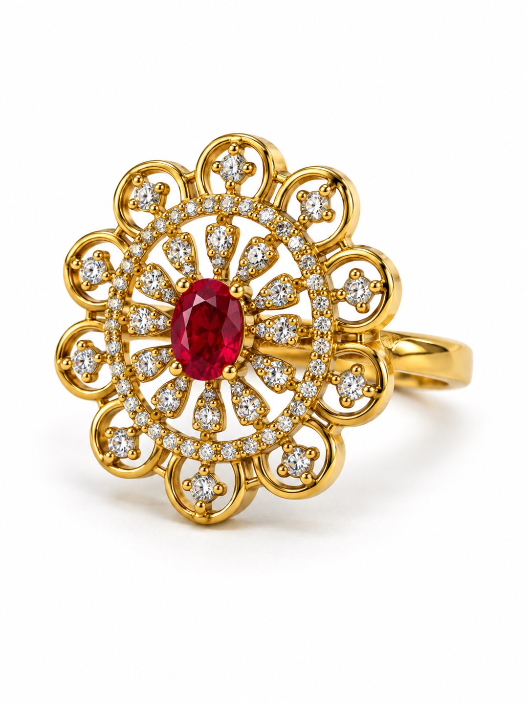 Red Stone Scalloped Sunburst Ring - Gold Plated, additional view 1