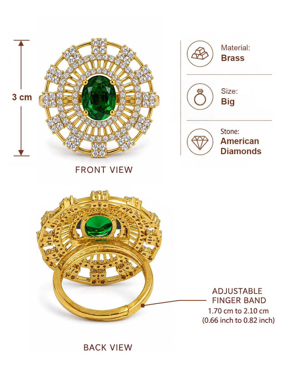 Green Center Stone Baguette Halo Ring - Gold Plated