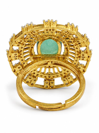 Sea Green Center Stone Baguette Halo Ring - Gold Plated