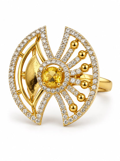 Yellow Center Stone Fan Motif Ring - Gold Plated