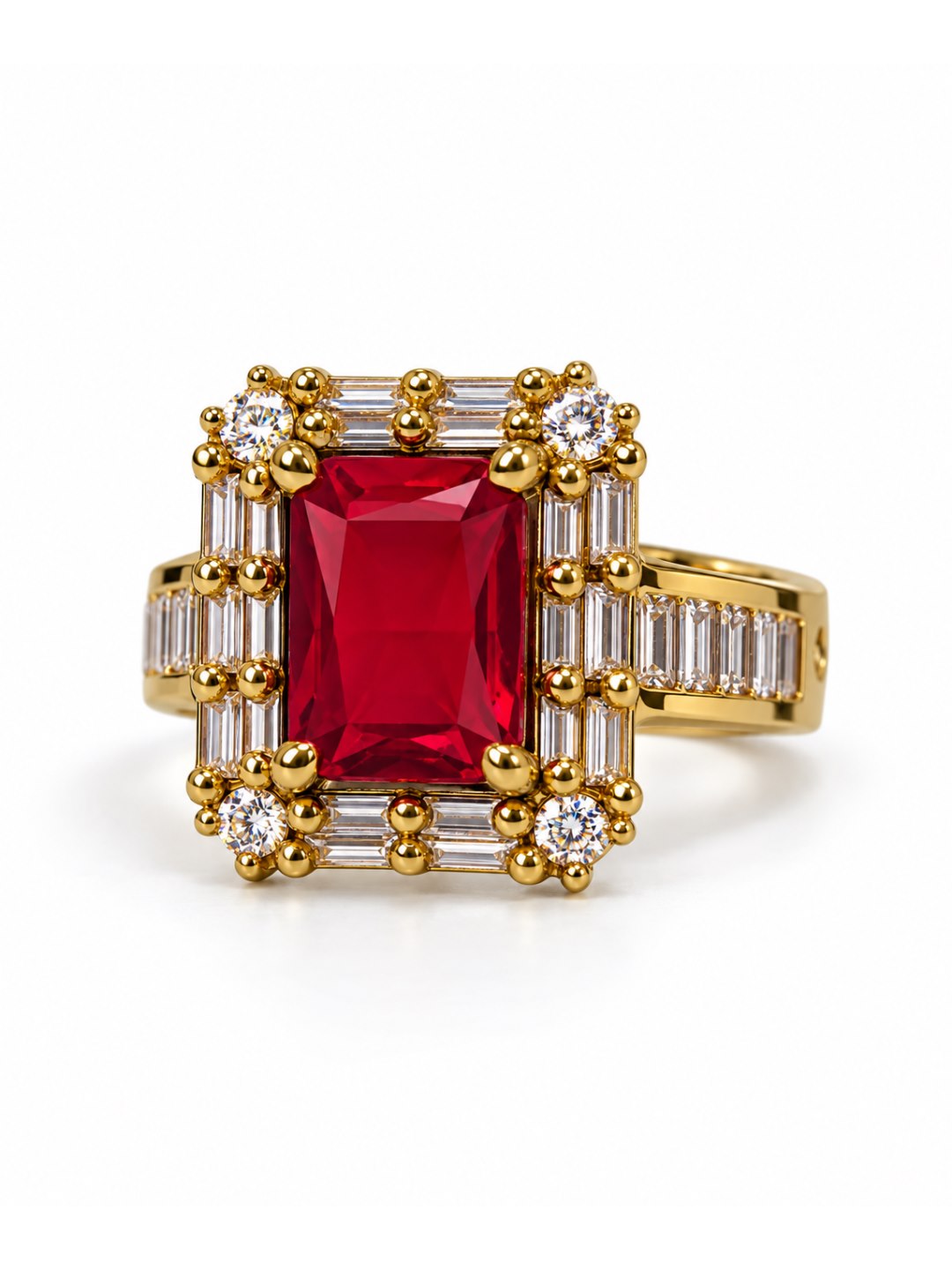 Red Center Stone Baguette Halo Ring - Gold Plated product image