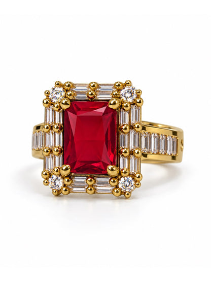 Red Center Stone Baguette Halo Ring - Gold Plated product image