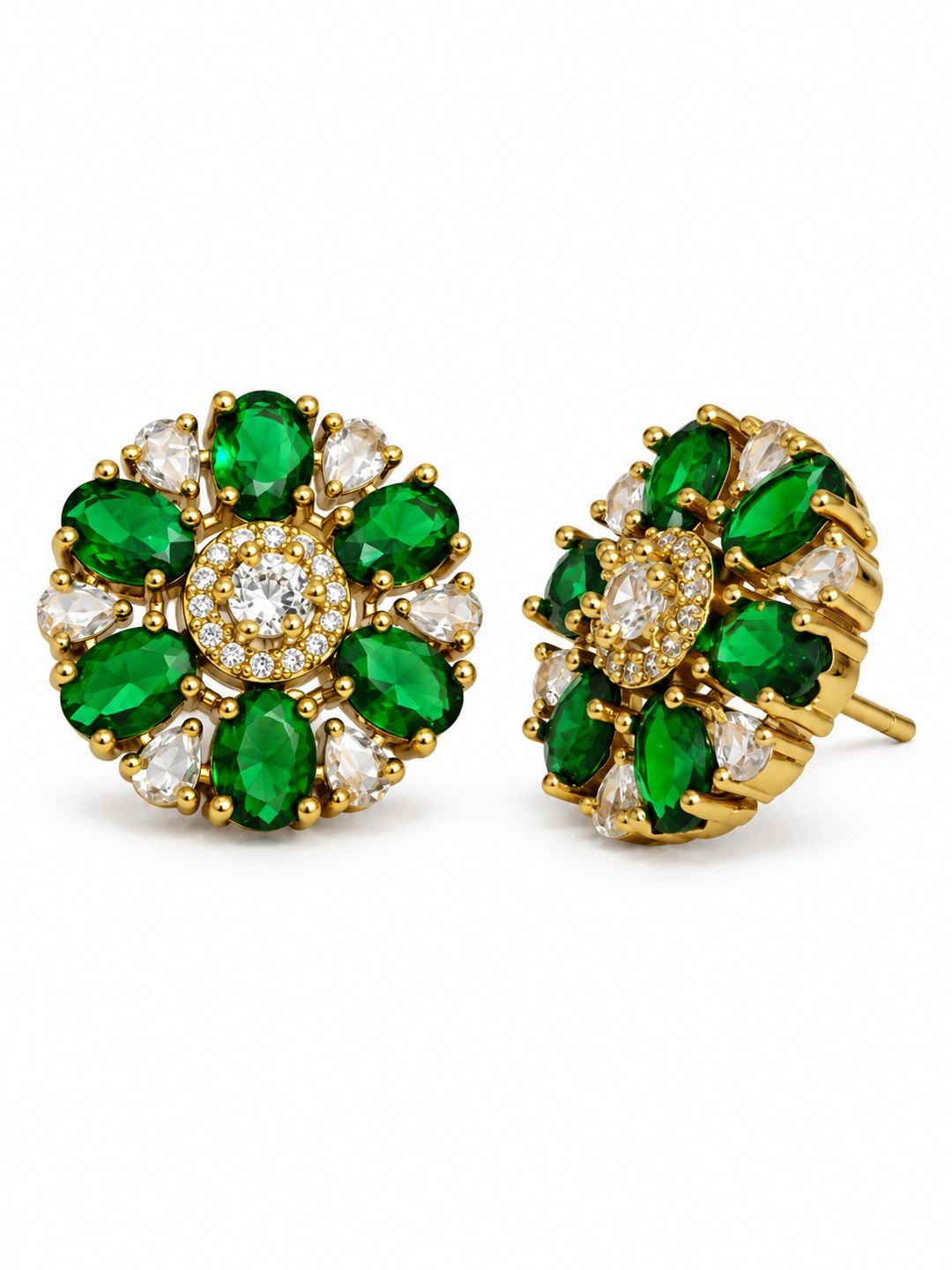 Green Oval Petal Floral Stud Earrings - Gold Plated