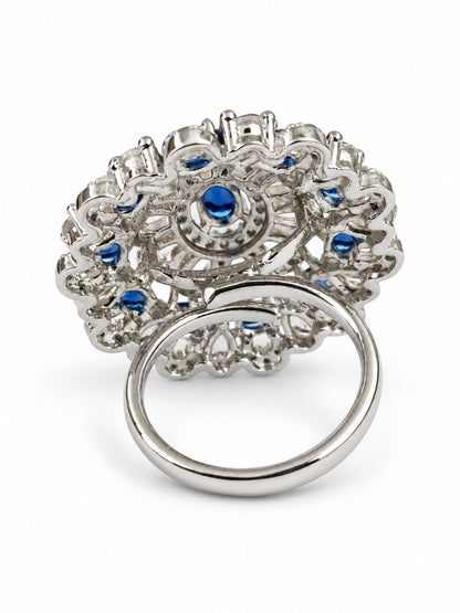 Blue Oval Center Floral Cluster Ring - Silver Plated - alternate view