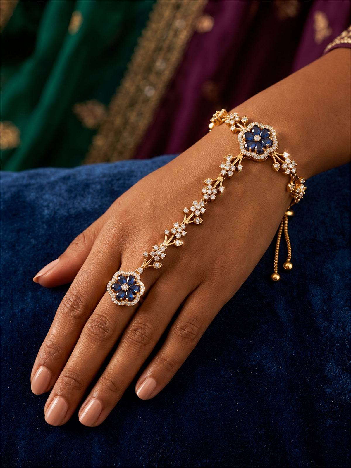 Blue Floral Marquise-Stone Chain Hathphool - Mehndi Plated
