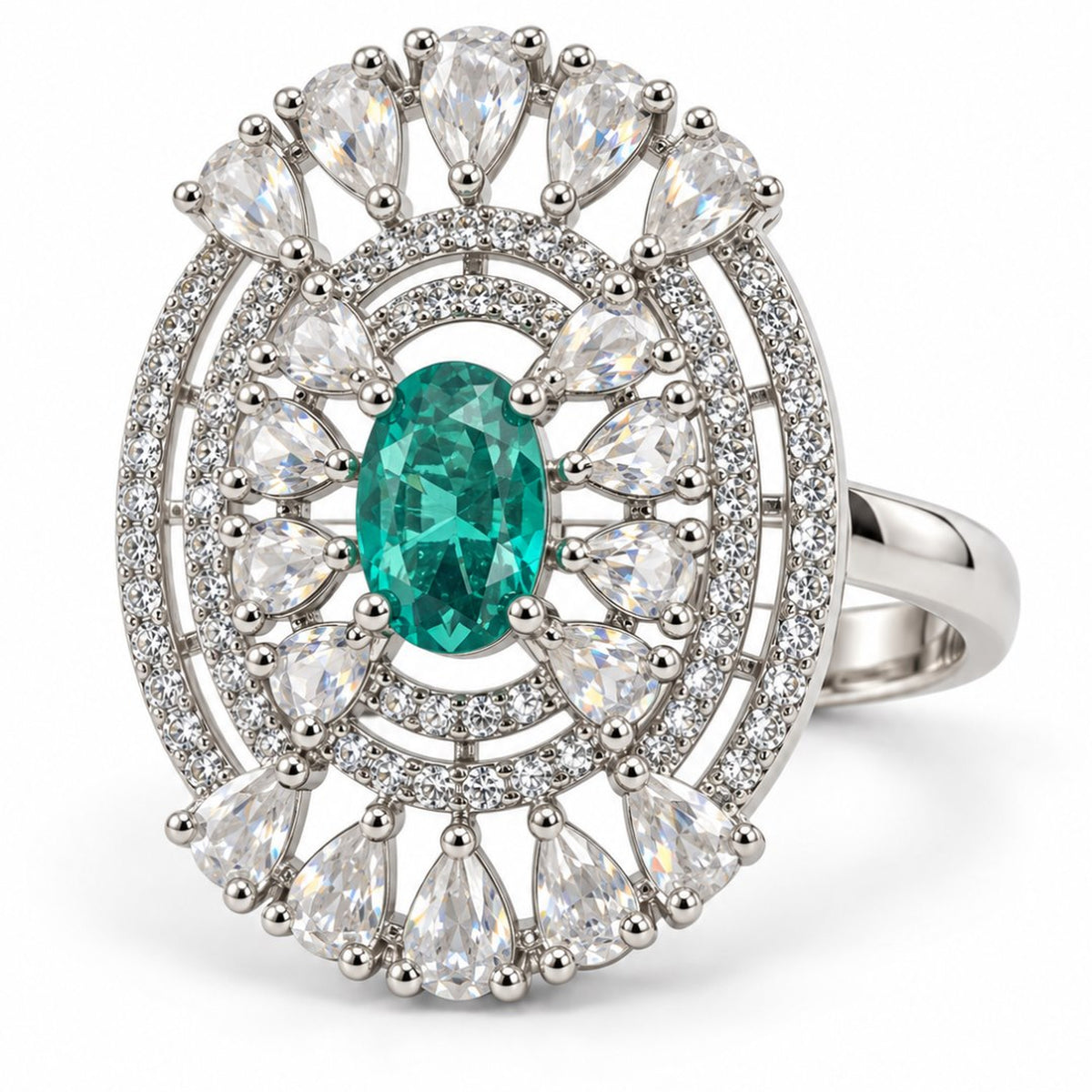 Green Oval Center Halo Ring - Silver Plated - product view