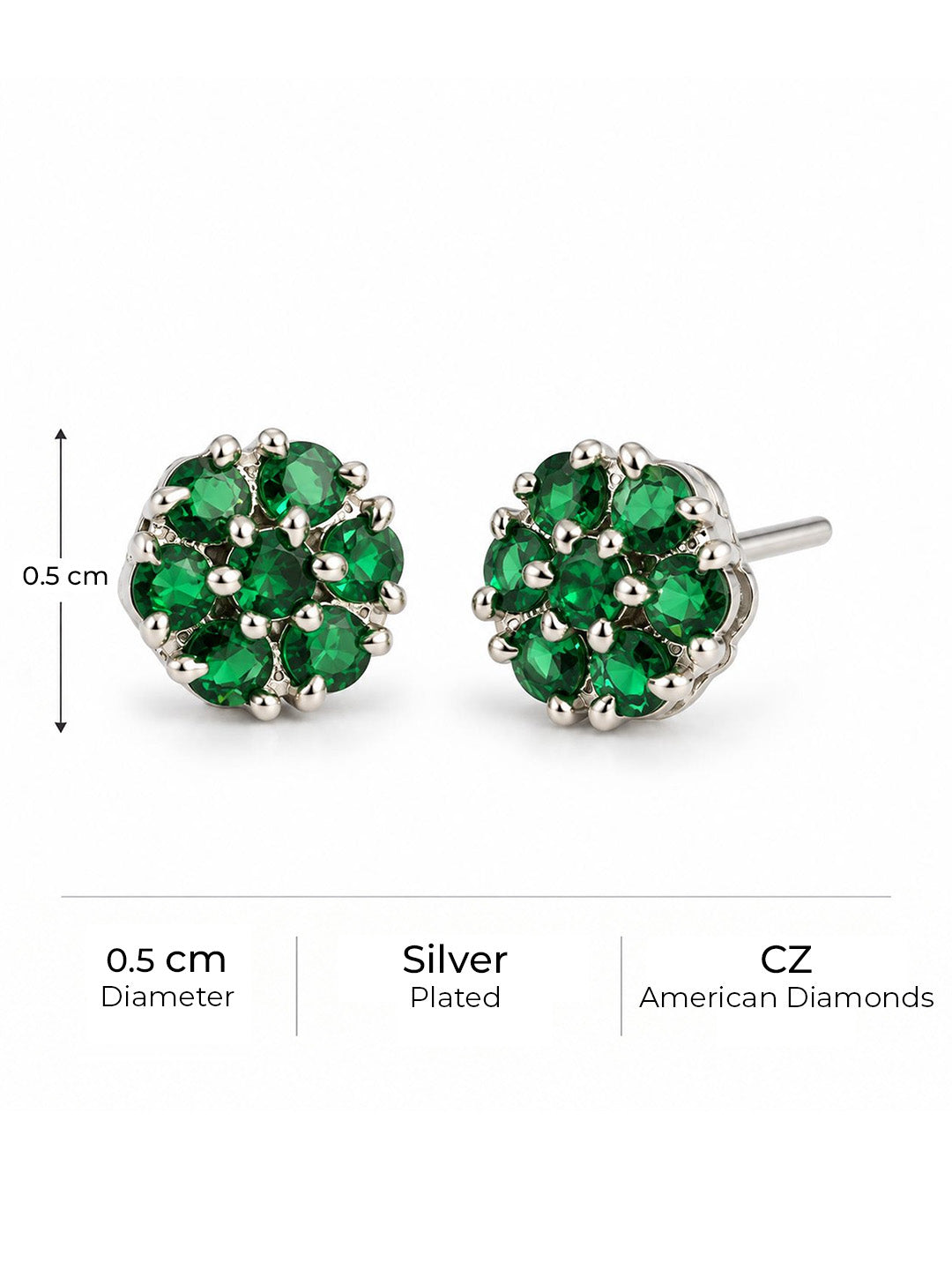 Green Stone Floral Cluster Stud Earrings, silver plated, size and plating details