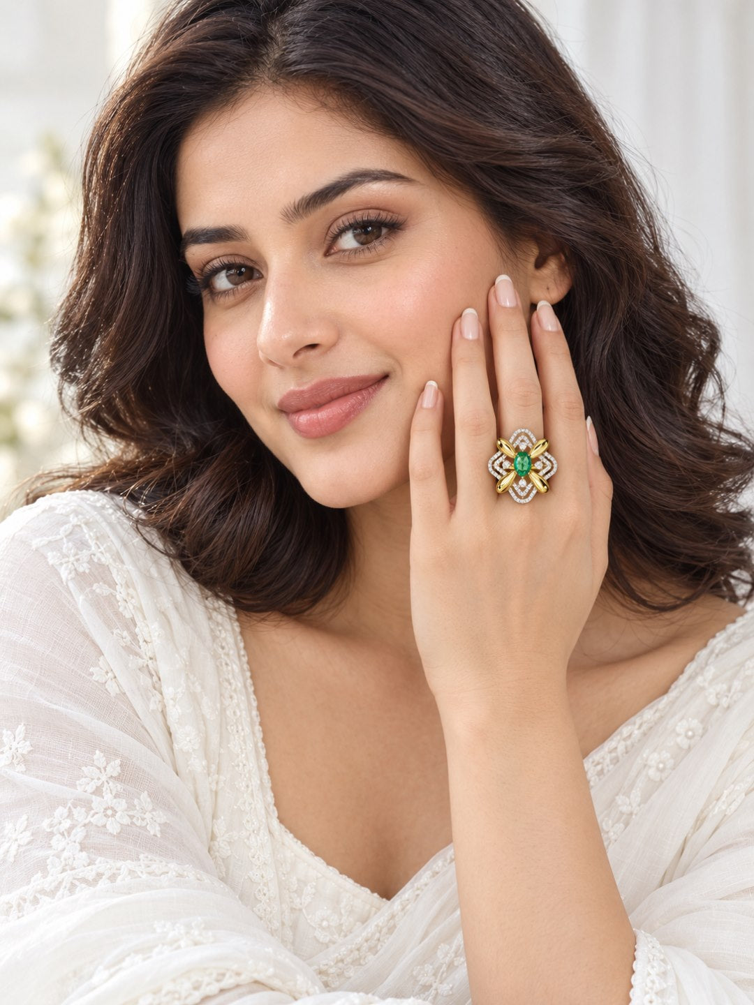 Sea Green Center Stone Four-Petal Floral Ring - Gold Plated