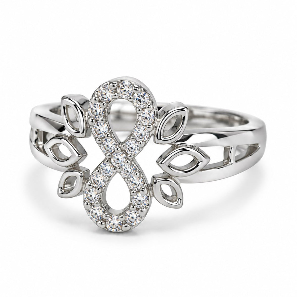 Clear Infinity Leaf Ring - Silver Plated
