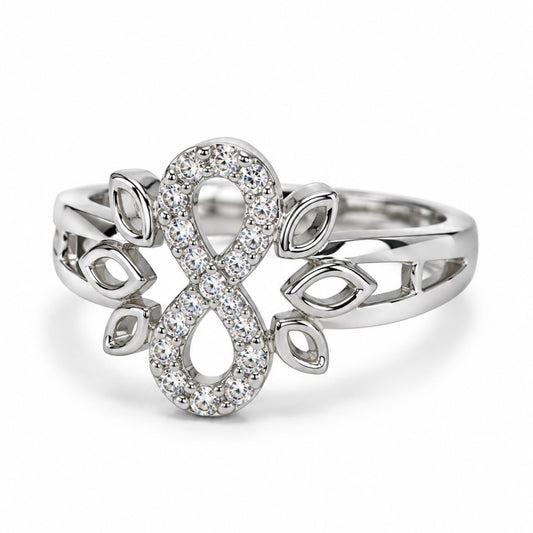 Clear Infinity Leaf Ring - Silver Plated