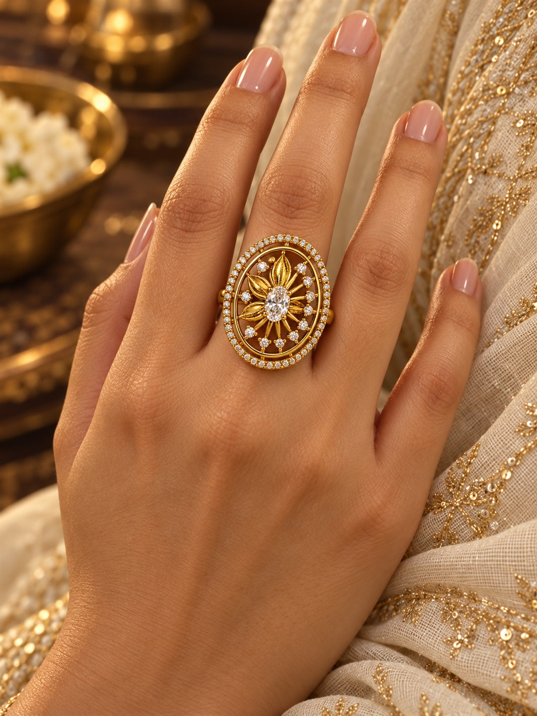 Clear Stone Oval Sunburst Ring - Gold Plated, model close-up