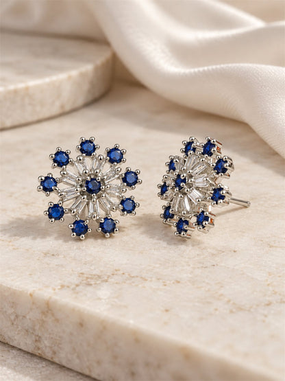 Blue Baguette Sunburst Stud Earrings, silver plated, lifestyle view