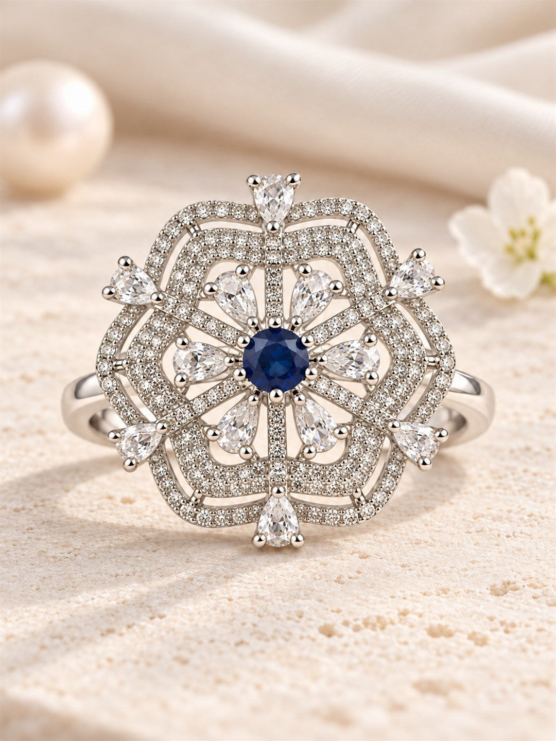Blue Round Center Geometric Flower Ring - Silver Plated - alternate view