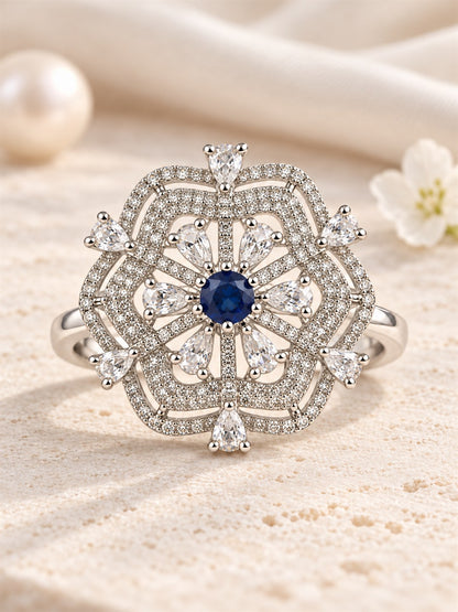 Blue Round Center Geometric Flower Ring - Silver Plated - alternate view