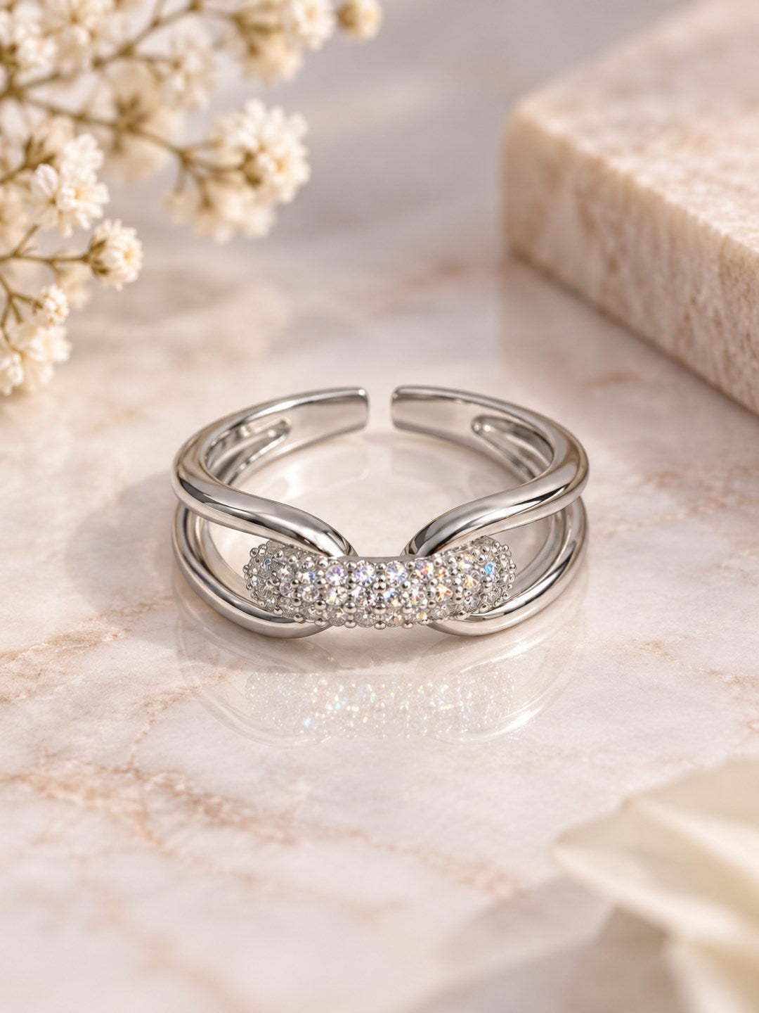 Clear Pave Knot Open Ring - Silver Plated
