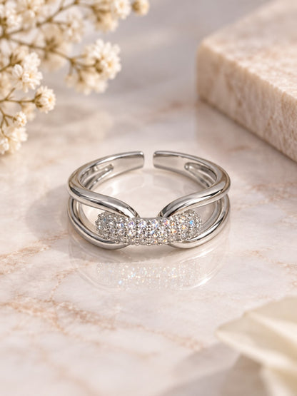 Clear Pave Knot Open Ring - Silver Plated