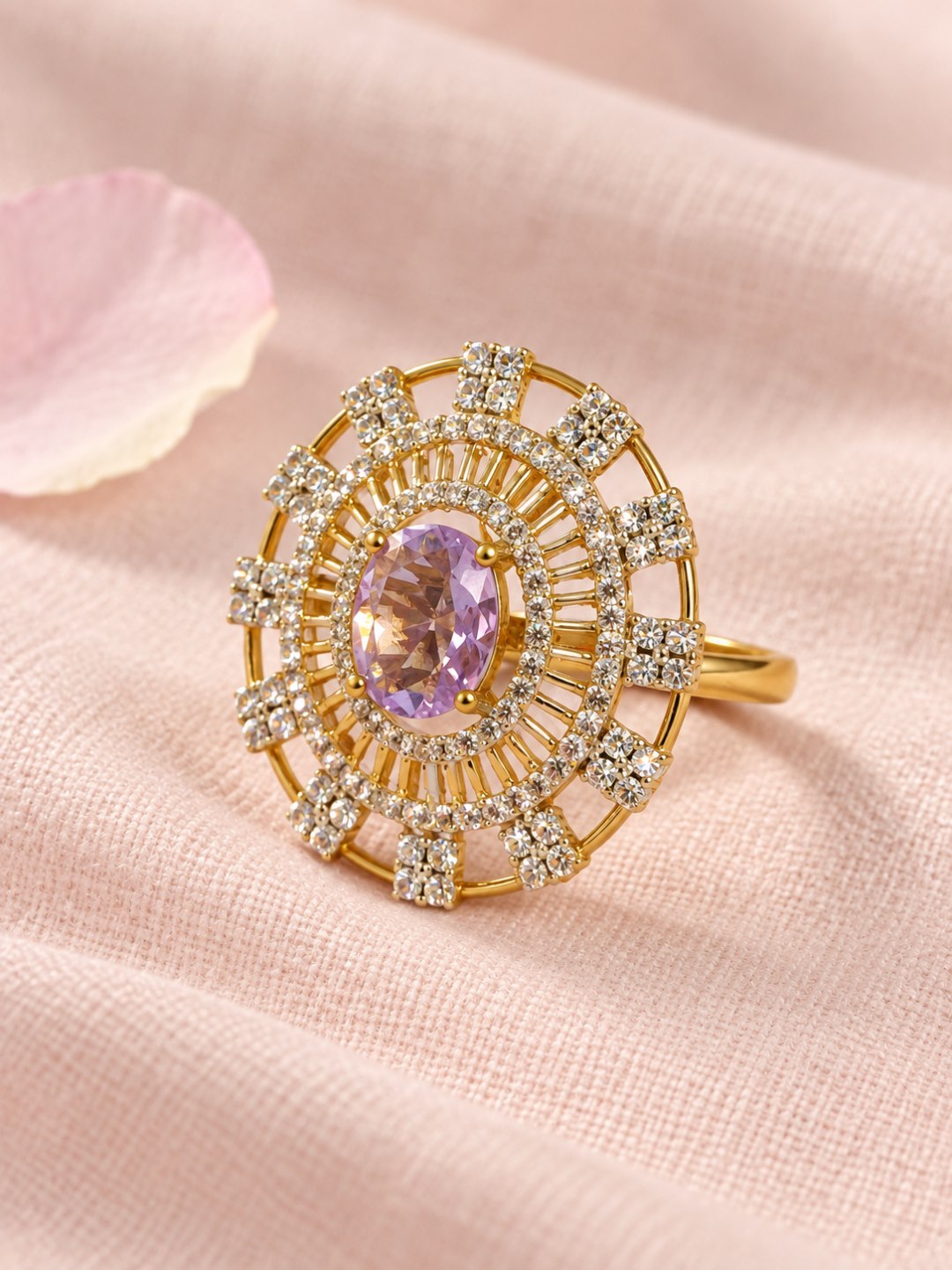 Lavender Center Stone Baguette Halo Ring - Gold Plated