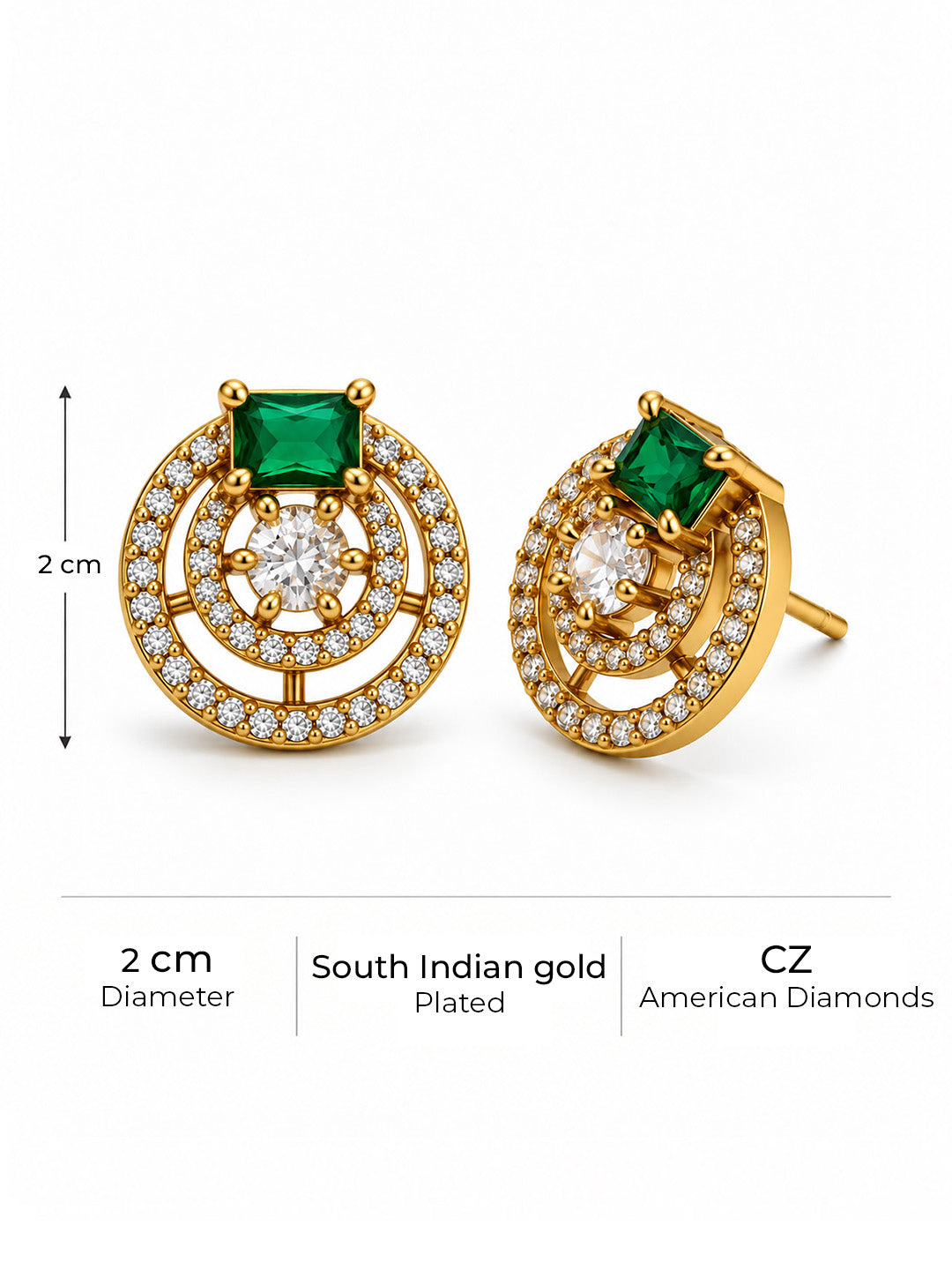 Green Stone Double Halo Stud Earrings, gold plated, size and plating details